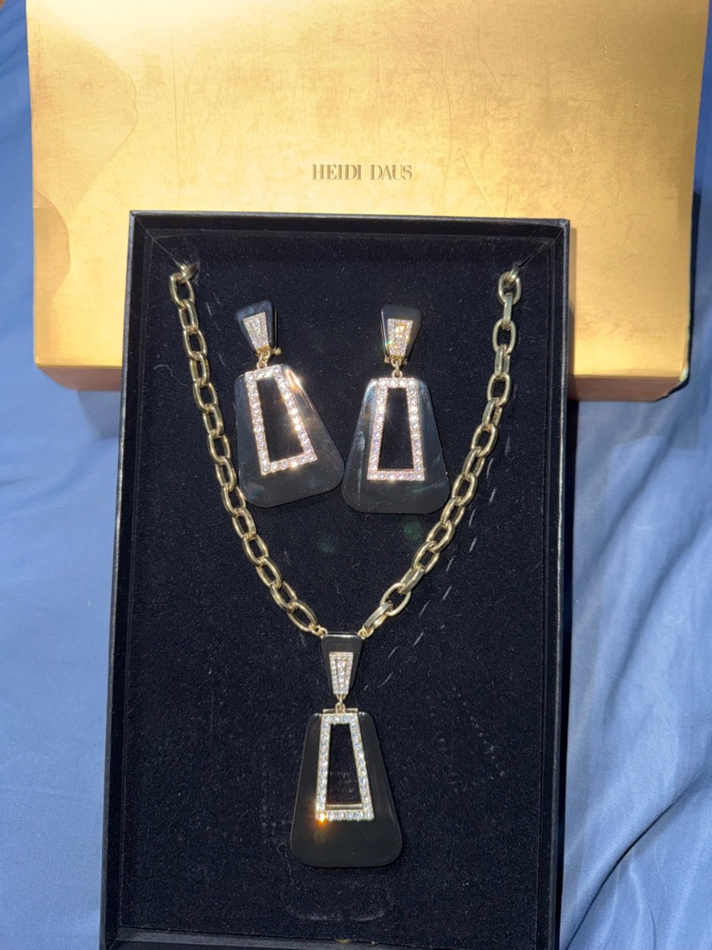 Heidi Daus Gold Tone & Black Crystal Pendant Necklace and Earring Set